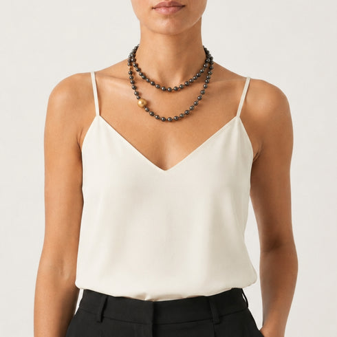 JUNA LONG NECKLACE  |שרשרת המטייט וחרוזי מתכת בציפוי זהב